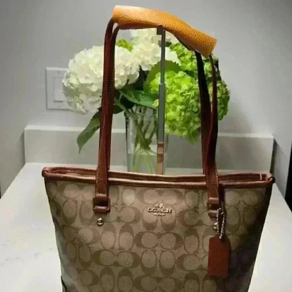 Coach F34603 Signature Zip Top Tote Shoulder Bag Khaki Saddle Jacquard - Picture 15 of 16